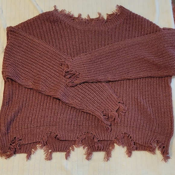 Derek Heart Sweaters - Derek Heart Pink Crew Neck Sweater with Chunky Knit Fringed Distressed Cropped